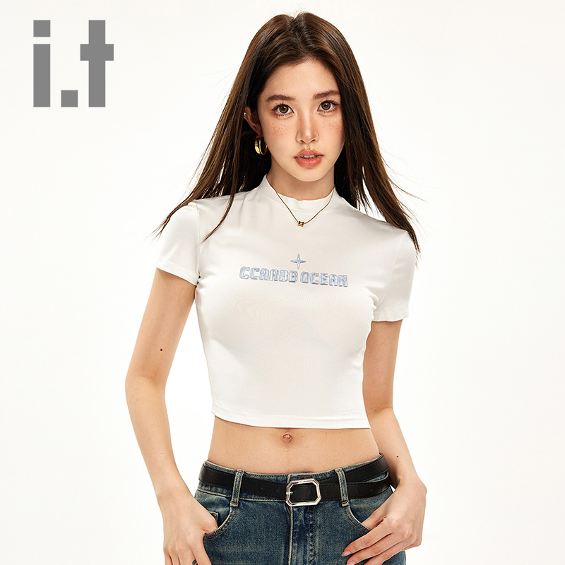 it ccaabb白色正肩短袖t恤女2025夏款美式辣妹修身上衣体恤女装K