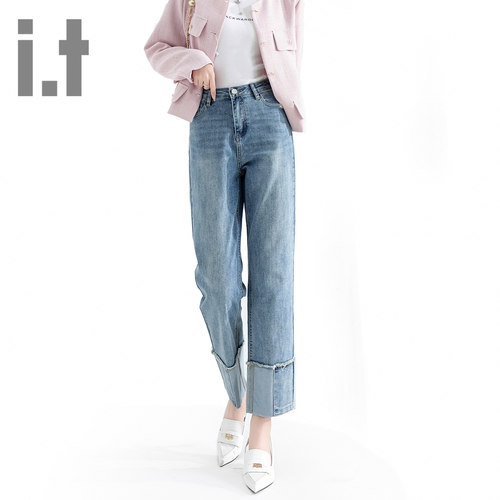 it ccaabb浅蓝九分直筒牛仔裤女春季新款高腰卷边小个子烟管裤K