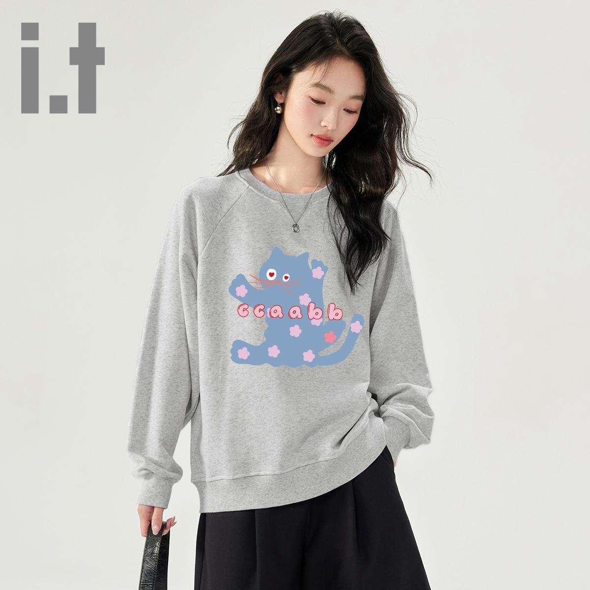 it ccaabb美式卫衣女秋季圆领休闲慵懒风小个子宽松上衣女装K