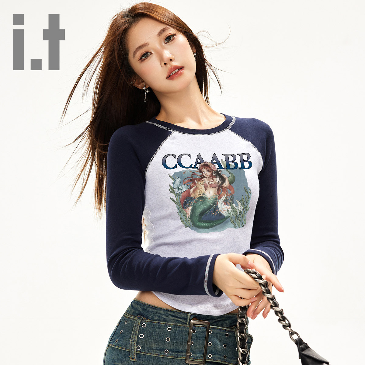 it ccaabb长袖印花t恤春秋款修身显瘦舒适小个子辣妹打底衫上衣K