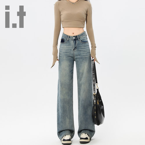 it ccaabb高腰春夏季新款设计感牛仔裤女多工艺扎花窄版直筒垂感K