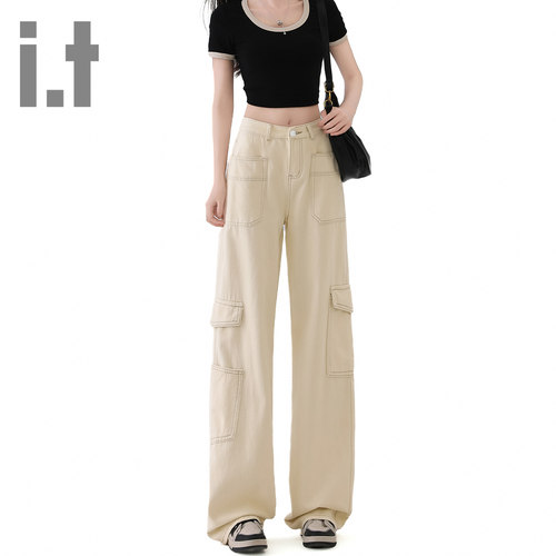 it ccaabb工装牛仔阔腿裤女梨型身材高腰多口袋窄版宽松长裤子K