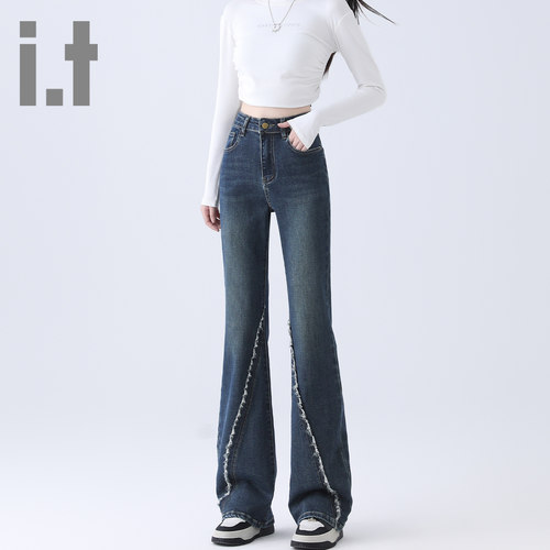 it ccaabb春秋辣妹高腰拼接毛边微喇牛仔裤女修身弹力高街喇叭裤K