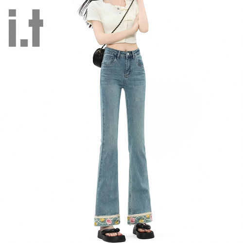 it ccaabb微喇牛仔裤女高腰裤脚花朵刺绣新款修身显瘦喇叭裤子K