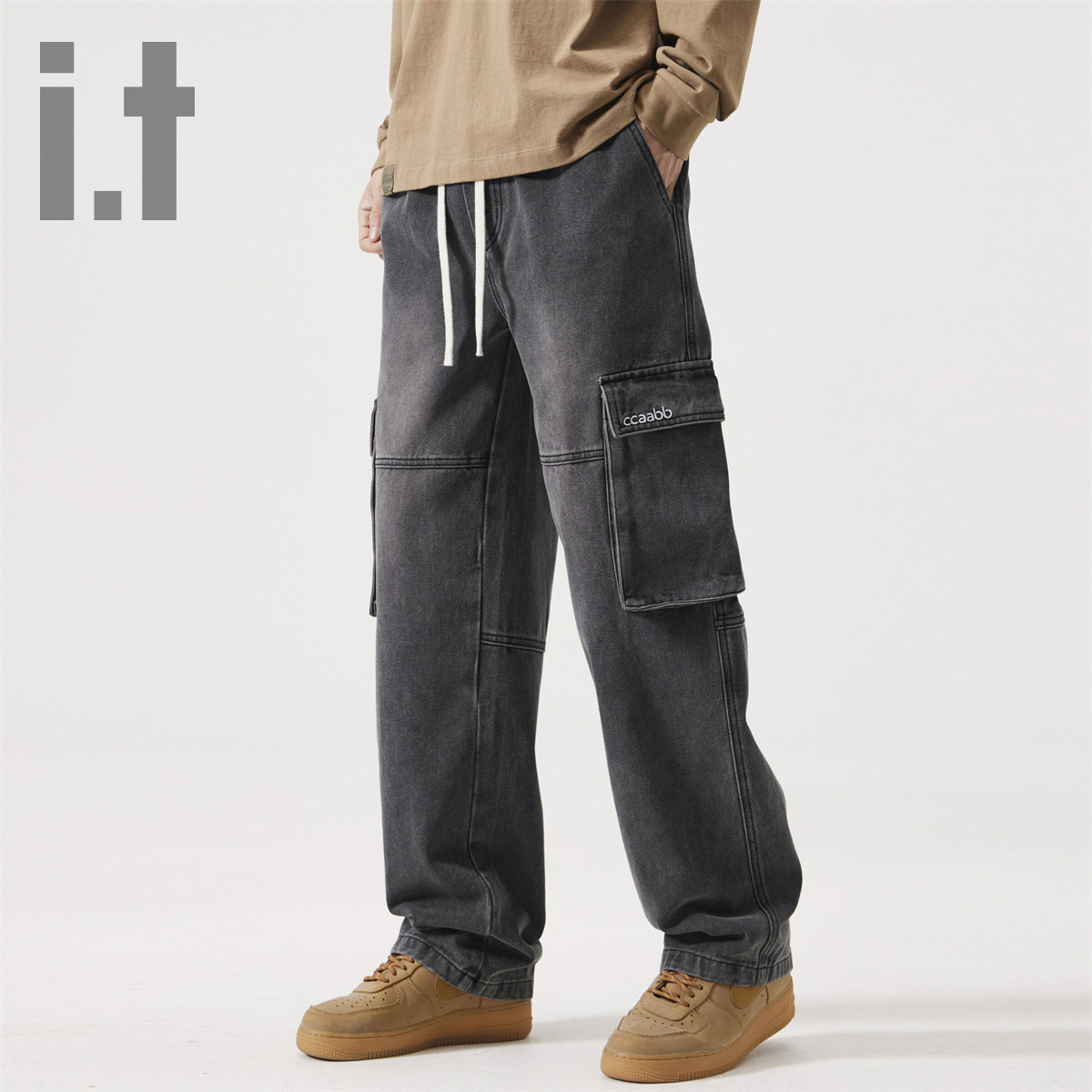 i.t ccaabb秋季松紧系带拼接大口袋工装直筒裤牛仔裤男K