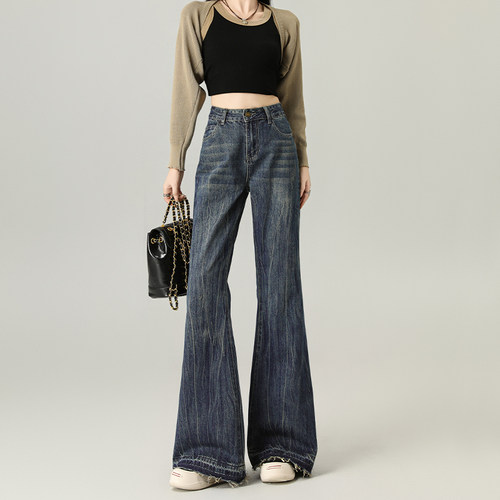 it ccaabb复古毛边微喇牛仔裤女窄版宽松休闲显瘦阔腿拖地裤长裤K