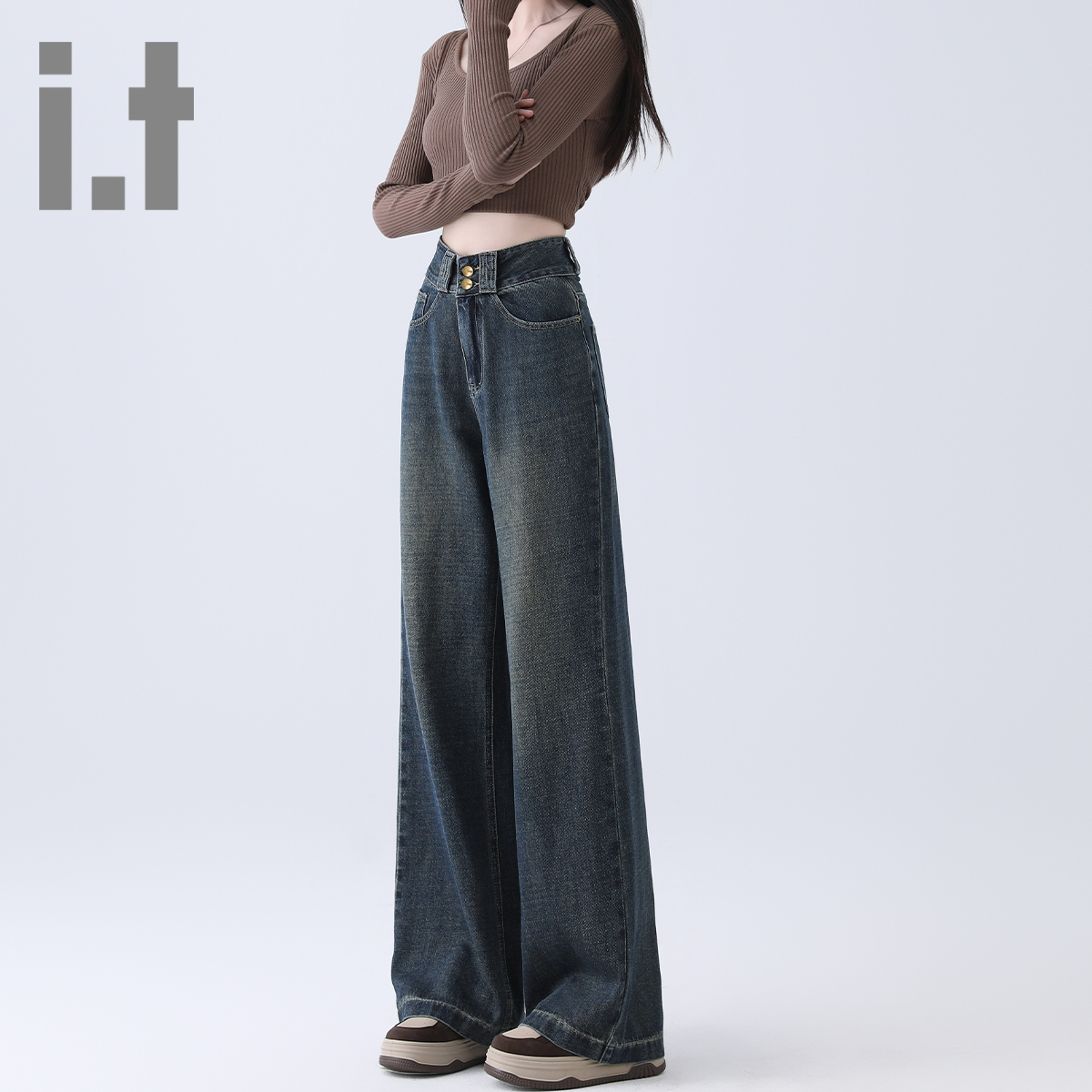 it ccaabb美式阔腿加绒牛仔裤女冬季新款高腰显瘦宽松垂感直筒裤K