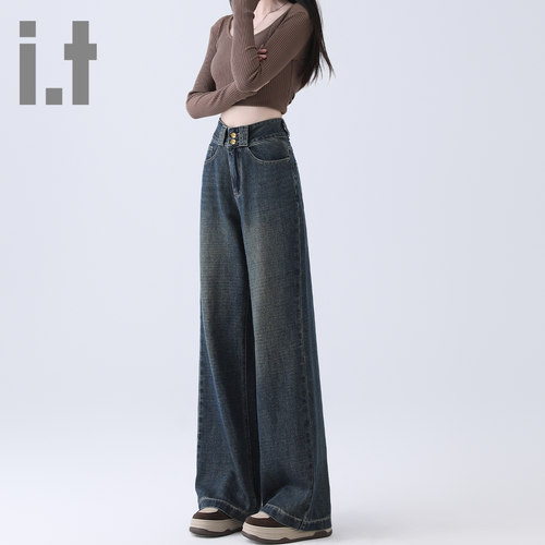 it ccaabb美式阔腿加绒牛仔裤女冬季新款高腰显瘦宽松垂感直筒裤K