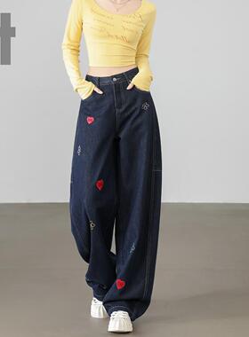 it ccaabb潮牌宽松牛仔裤女春季爱心刺绣直筒弯刀裤显瘦休闲长裤K