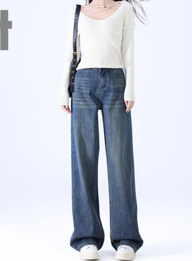 it ccaabb美式复古加绒加厚牛仔裤女冬季宽松百搭直筒阔腿长裤子K