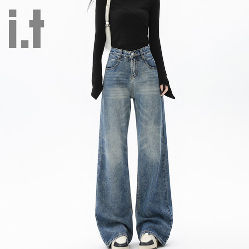 i.t ccaabb复古蓝直筒牛仔裤女春季新款高腰宽松显瘦阔腿拖地裤K