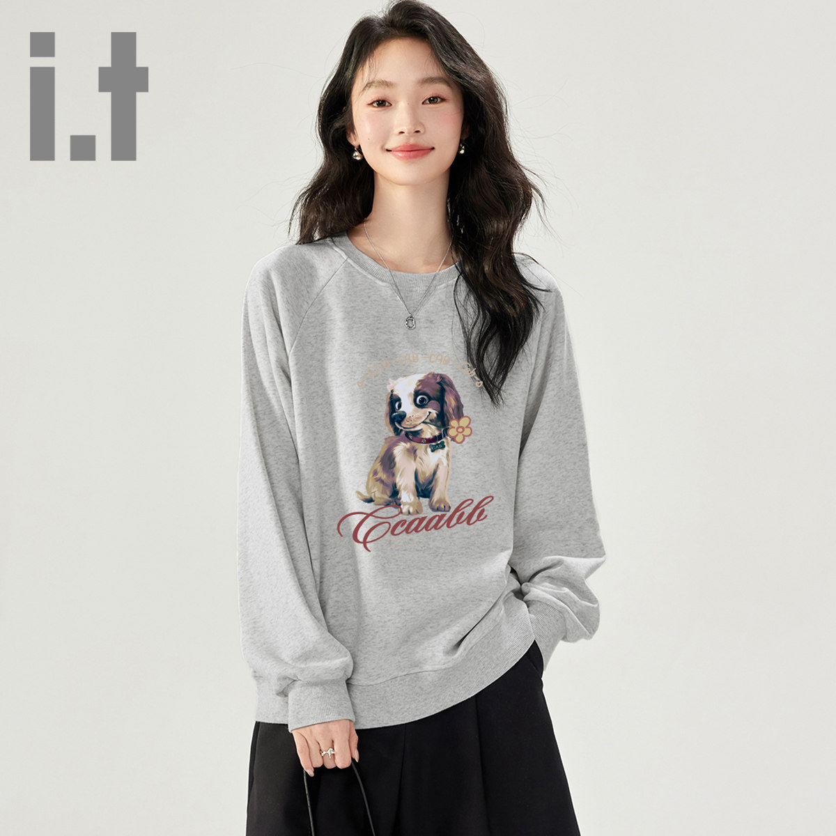 it ccaabb美式复古狗狗印花慵懒风圆领卫衣女秋新款宽松情侣上衣K