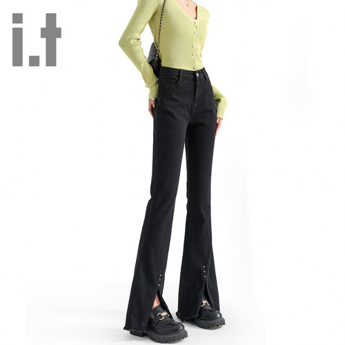 it ccaabb开叉微喇牛仔裤女高腰显瘦弹力修身毛边拖地喇叭裤长裤K