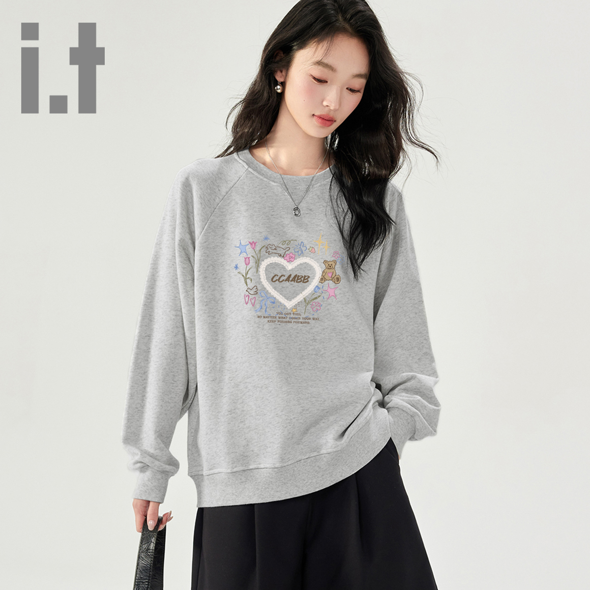 it ccaabb潮牌美式爱心印花卫衣女秋冬宽松休闲新款加绒圆领上衣K