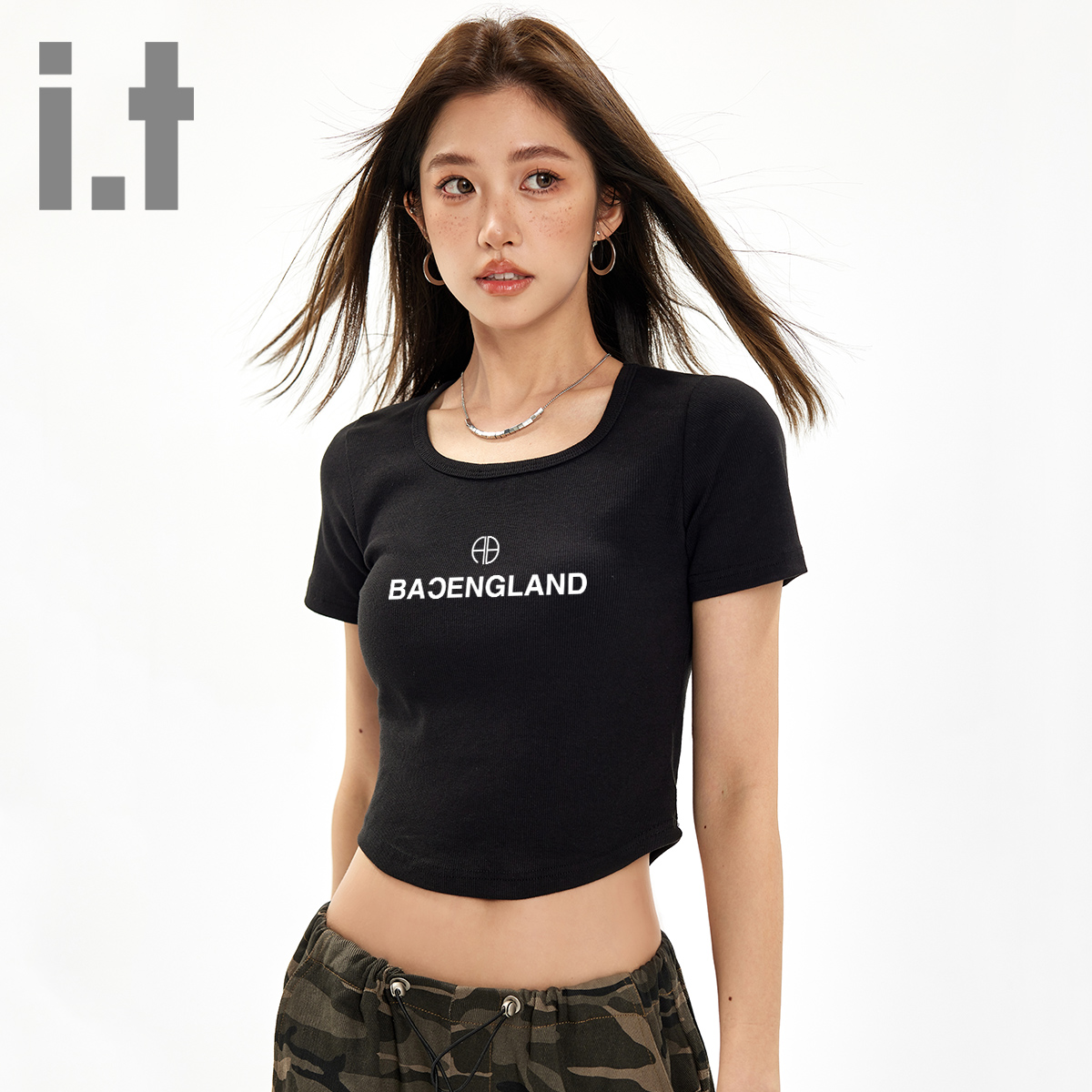 it ccaabb圆领短袖t恤女正肩2025新款字母印花显瘦设计感上衣K