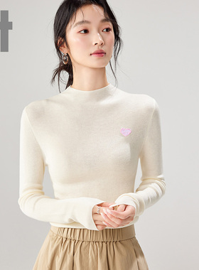 it ccaabb甜美春秋刺绣爱心针织衫女外穿质感简约杏色打底衫上衣K