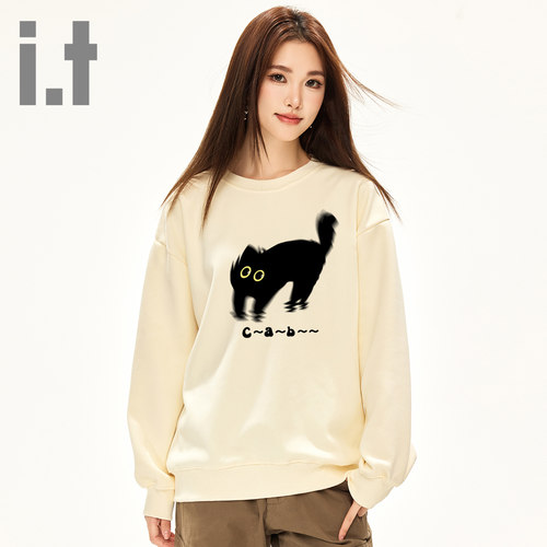 it ccaabb2025新款潮牌黑猫印花宽松卫衣女圆领加厚休闲长袖上衣K