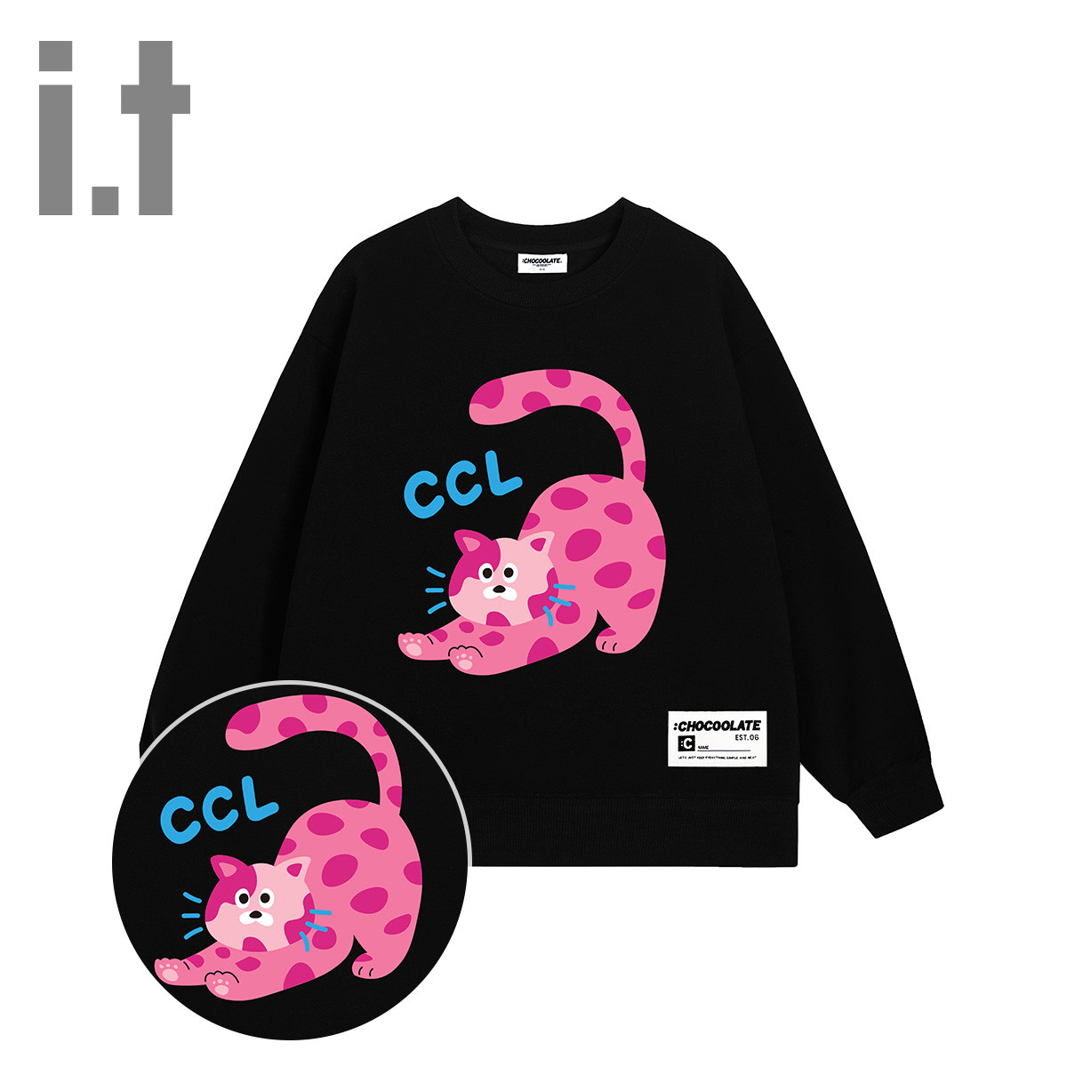 i.t CHOCOOLATE 【情侣款】可爱猫咪印花烫画圆领宽松长袖卫衣