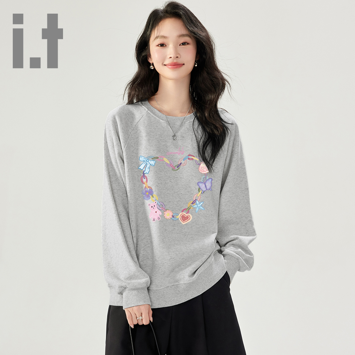 it ccaabb甜美春秋圆领卫衣女印花休闲宽松拼色圆领长袖上衣K