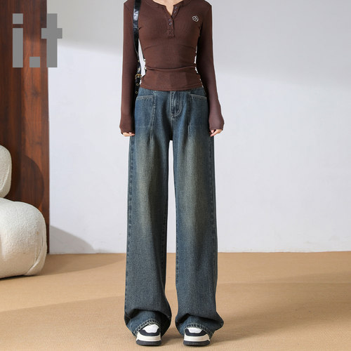 it ccaabb高腰阔腿牛仔裤女新款直筒宽松松紧腰梨形身材裤子K