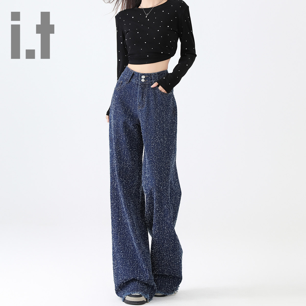 it ccaabb春秋牛仔裤女新款宽松休闲高腰显瘦百搭窄版阔腿长裤子K