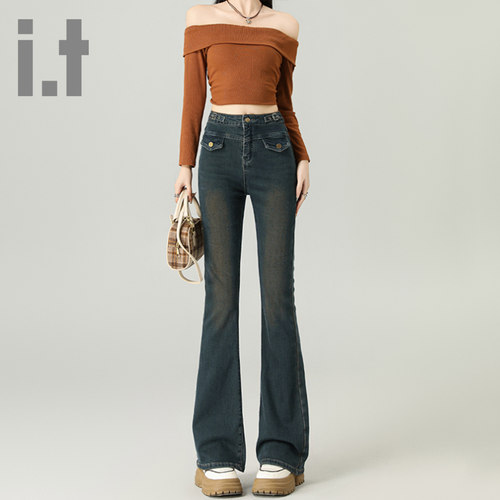 it ccaabb春秋季美式微喇牛仔裤女马蹄小众怀旧设计弹力喇叭裤K
