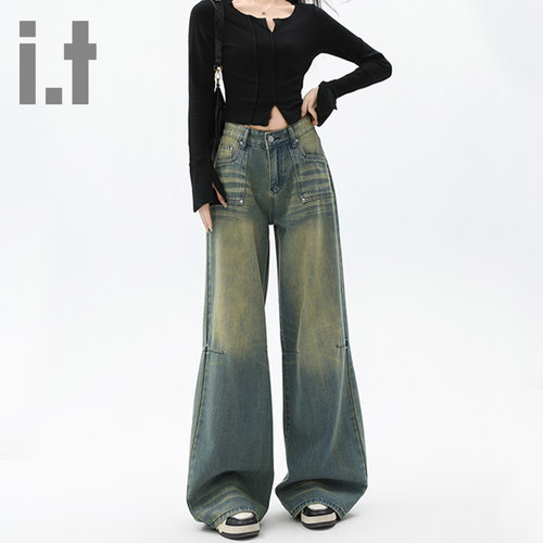 it ccaabb复古水洗做旧宽松显瘦牛仔裤女2025新款高腰直筒拖地裤K