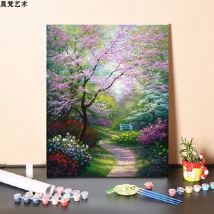 数字油画手工填充绿色森林道理手绘涂色治愈系风景画油彩画画