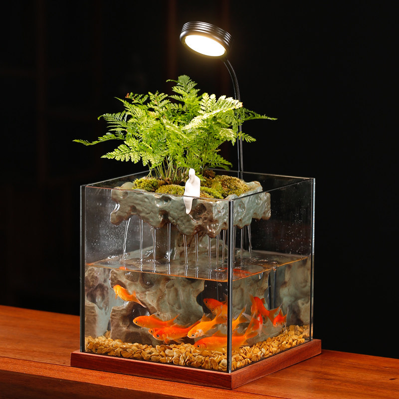 创意小型鱼缸造景真绿植全客厅流水循环水招财办公室装饰品