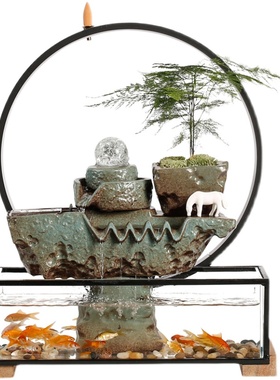 创意招财流水喷泉鱼缸假山循环水办公室景观生财乔迁业礼品