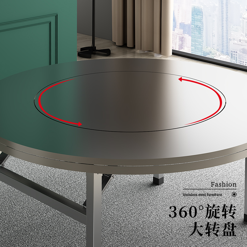 0加厚全不锈钢转盘圆桌可折叠圆台面食堂家用商用餐桌吃饭桌子