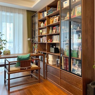 致野木作全实木书柜定制全屋整满墙书架客厅书柜带玻璃柜门