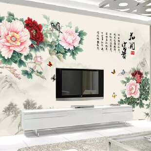 富贵牡丹电视背景墙喷绘壁画无缝宣绒布蚕丝布客厅墙布