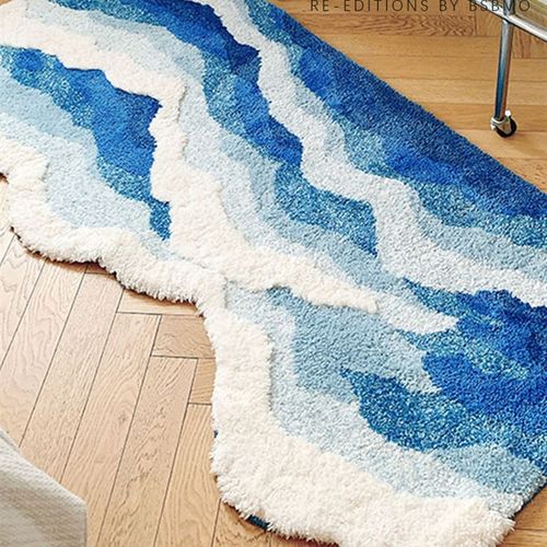 裸脚感!加厚浮雕立体植绒卧室地毯床边毯高级感蓝色儿童海浪地垫