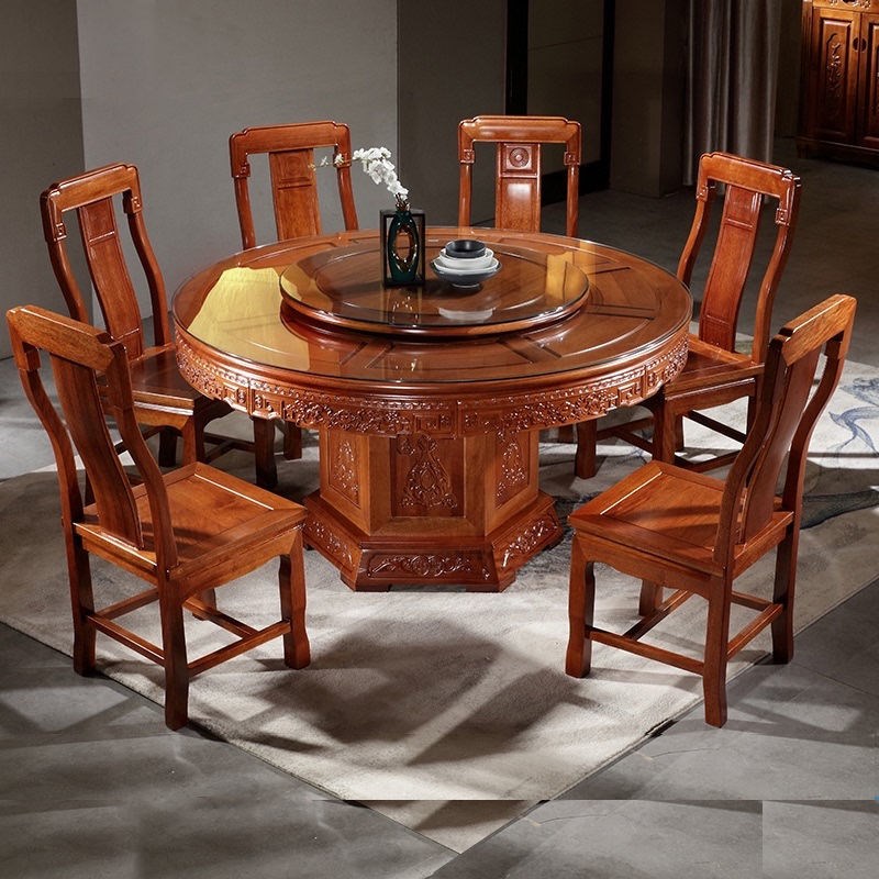 菠萝格仿古雕花饭桌子加厚8人10人人实木圆桌转盘酒店中式