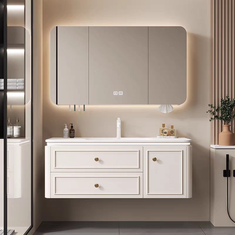 法式复古现代奶油风橡木浴室柜岩板陶瓷一体盆洗脸手盆