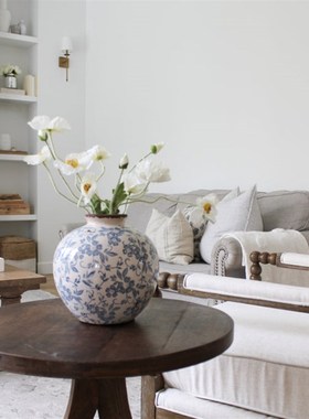 法式复古陶瓷花瓶青花瓷水养鲜花插花客厅桌面装饰摆件高级圆形蓝