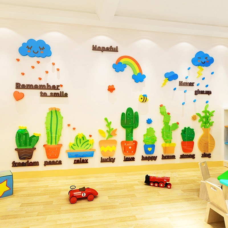 植物盆栽3d立体墙贴画儿童房布置幼儿园走廊装饰英语教室墙壁自粘图片