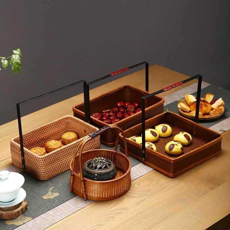 席编点心盒提篮铁艺干果盘复古食盒手工编织餐厅水果篮茶具收纳盒