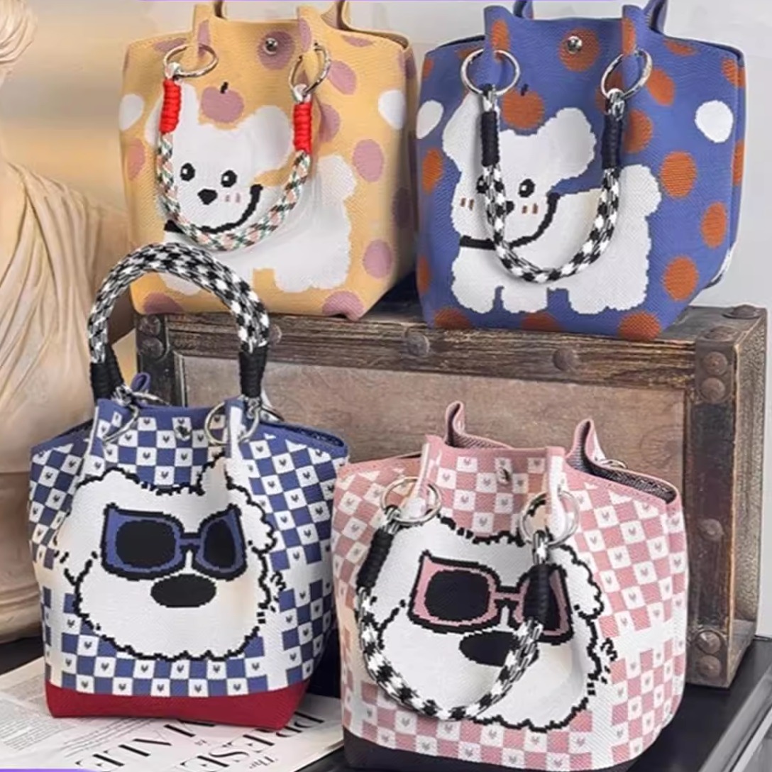 可爱熊猫针织水桶包女通勤手提