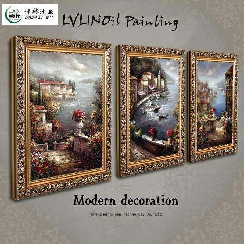 欧式装饰画简欧风景客厅三联壁画油画地中海竖厂家直销