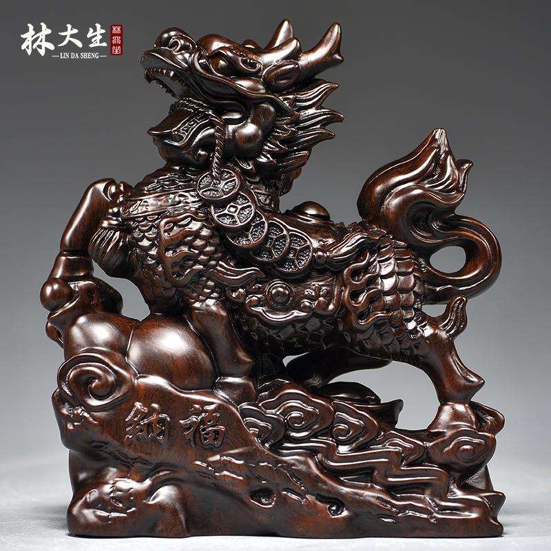 黑檀木雕麒麟摆件一对木头家用家居玄关桌面装饰品开业送礼工艺品