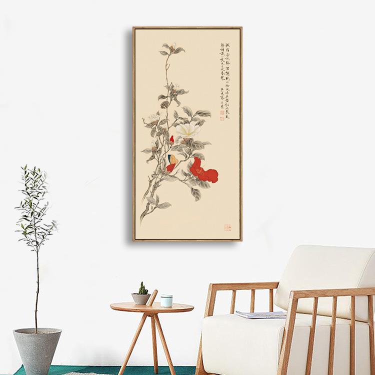 于非闇红白茶花图新中式花鸟画装饰画现代客厅玄关竖版走廊挂画