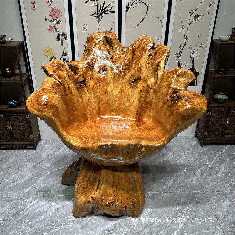 原木根雕靠背椅 木头凳子大板茶桌茶几主人椅实木树根杉木转椅子