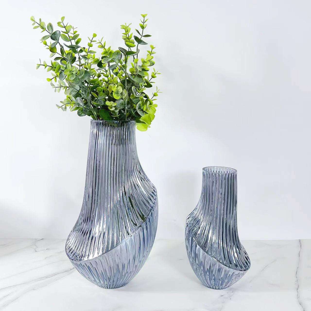 现代简约样板间水蓝条纹玻璃花瓶家居餐桌插花摆件软装饰品花器