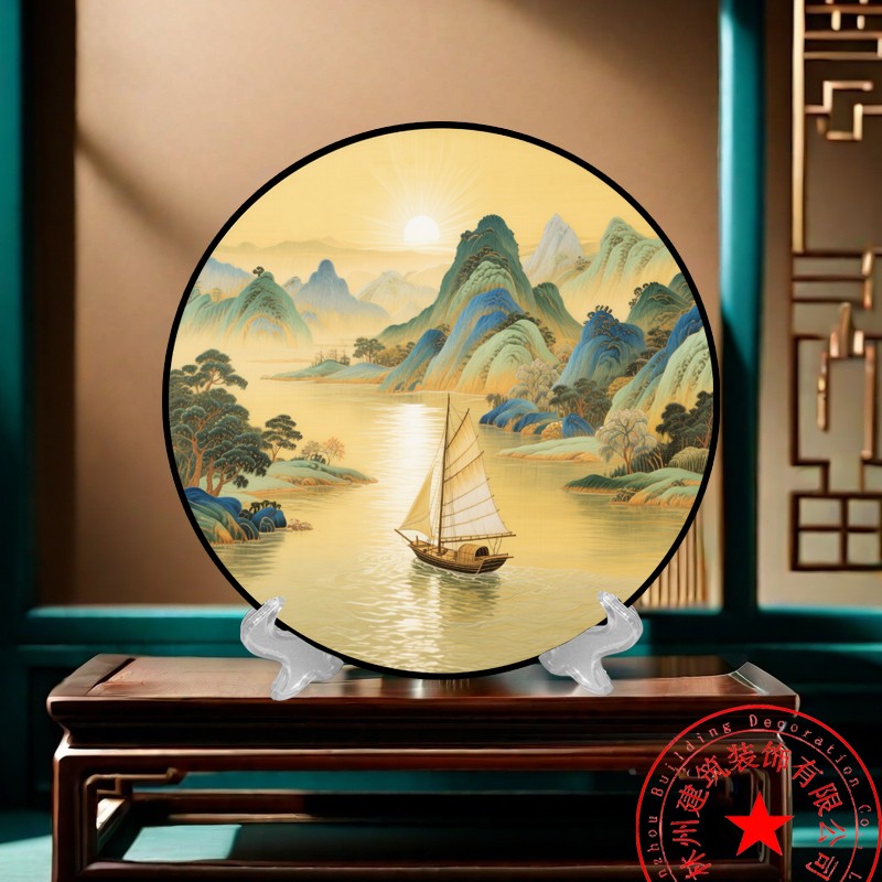 新中式覆古典圆形山水画摆件玄关办公室装饰圆盘摆台桌摆旭日东升