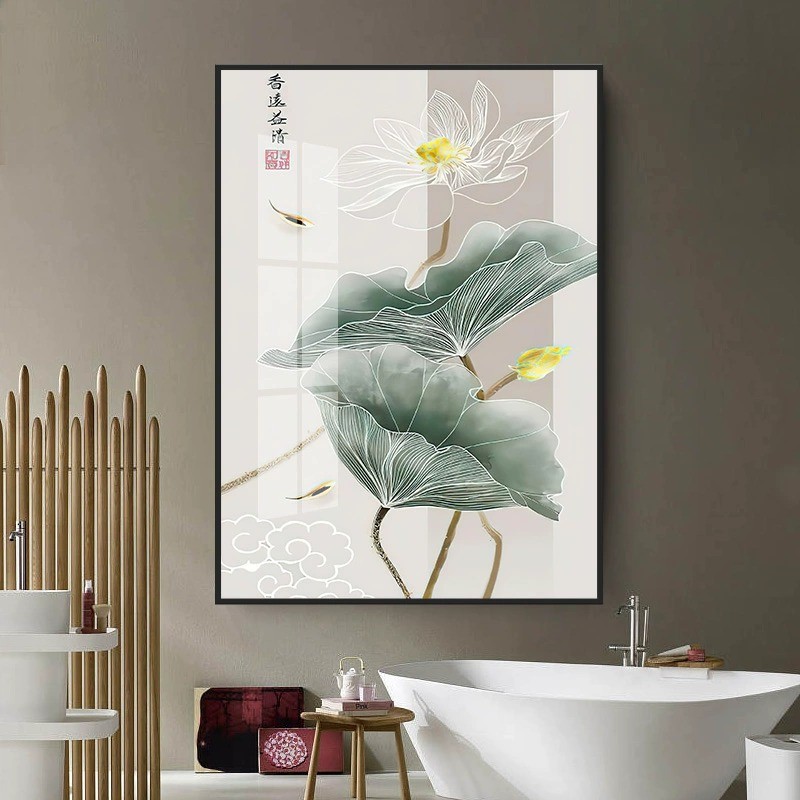 卫生间挂画客厅防水新中式荷花厕所墙壁画浴室免打孔洗手间装饰画