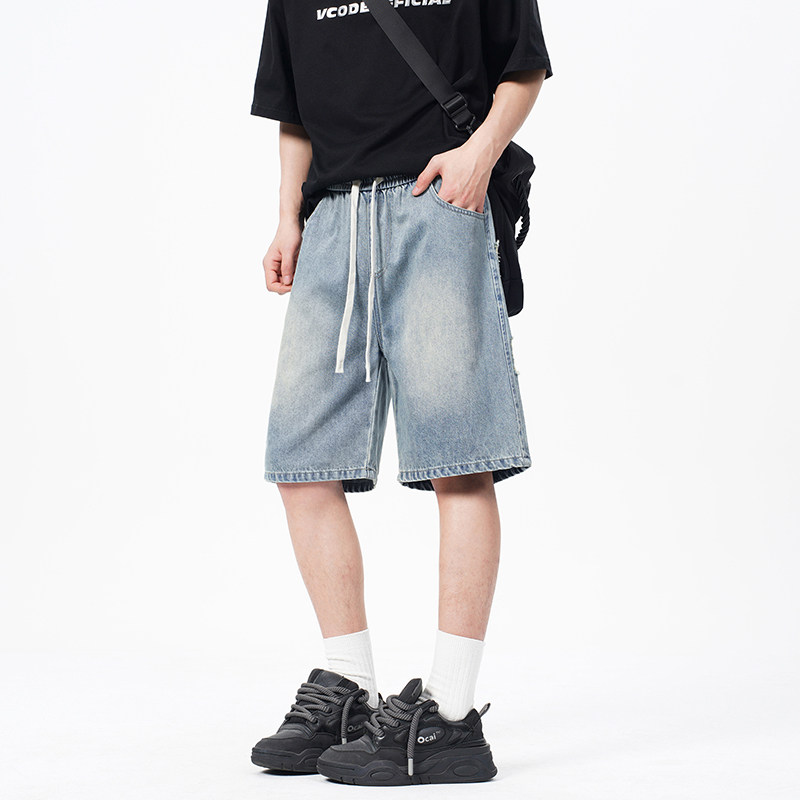 美式复古牛仔裤短款男夏季宽松抽绳五分裤薄款百搭休闲学生青少年