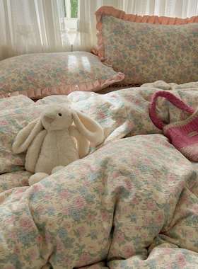 法式A904类母婴件级花秋卉床盖四套被套双层纱夹棉床三件套冬单加