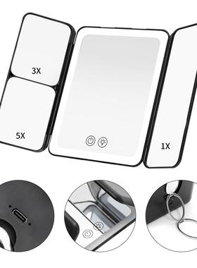 ledX三叠化妆镜3X5充电旋转便J22携子女折士镜宿舍美妆镜外贸爆单